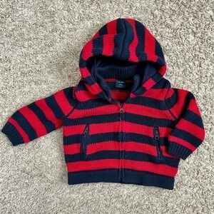 BabyGap Red Navy Blue Stripe Zip Up Hooded Sweater Jacket Baby 6 12 Months